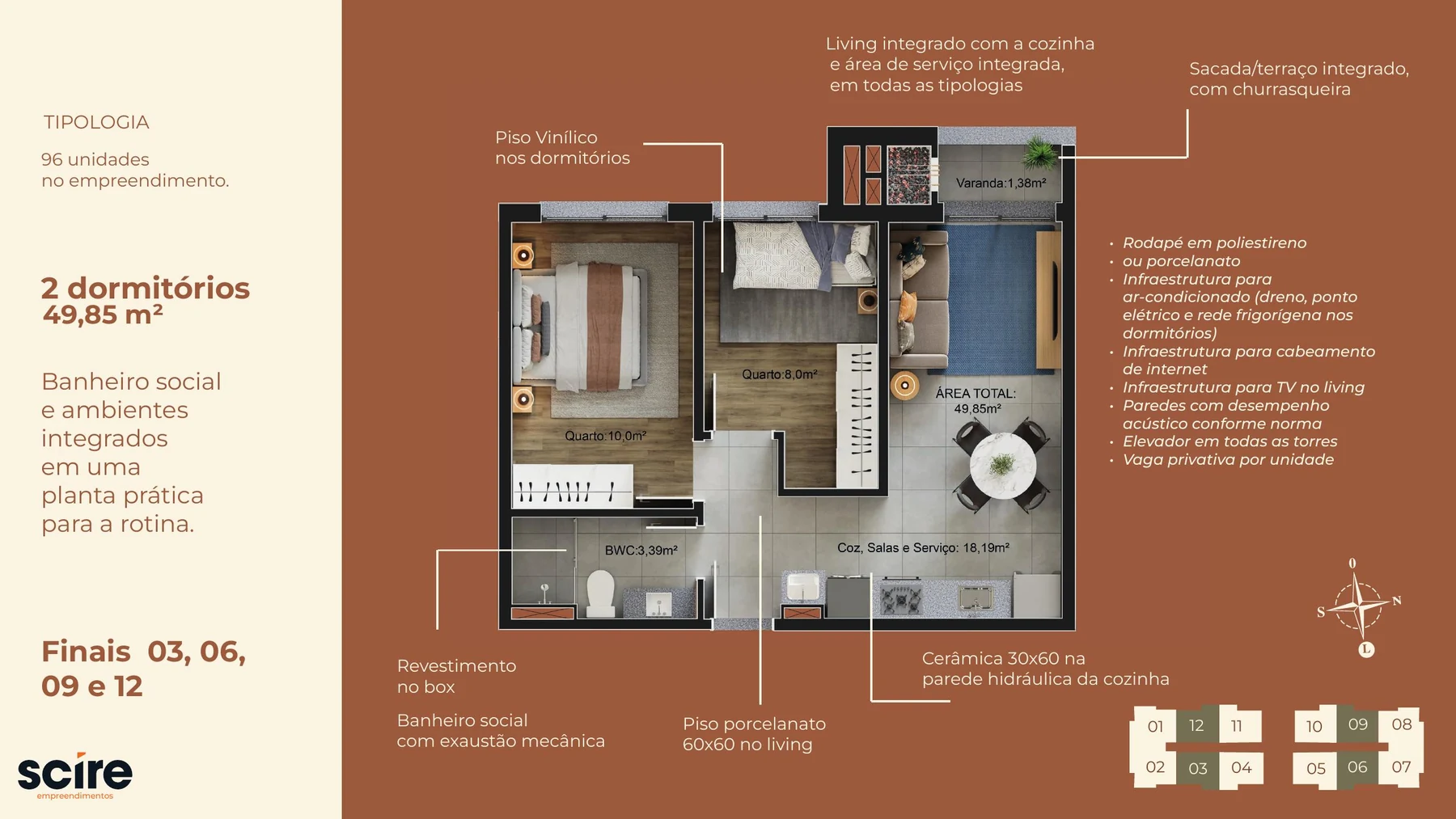 Planta de 2 dormitórios com 49,85 m²