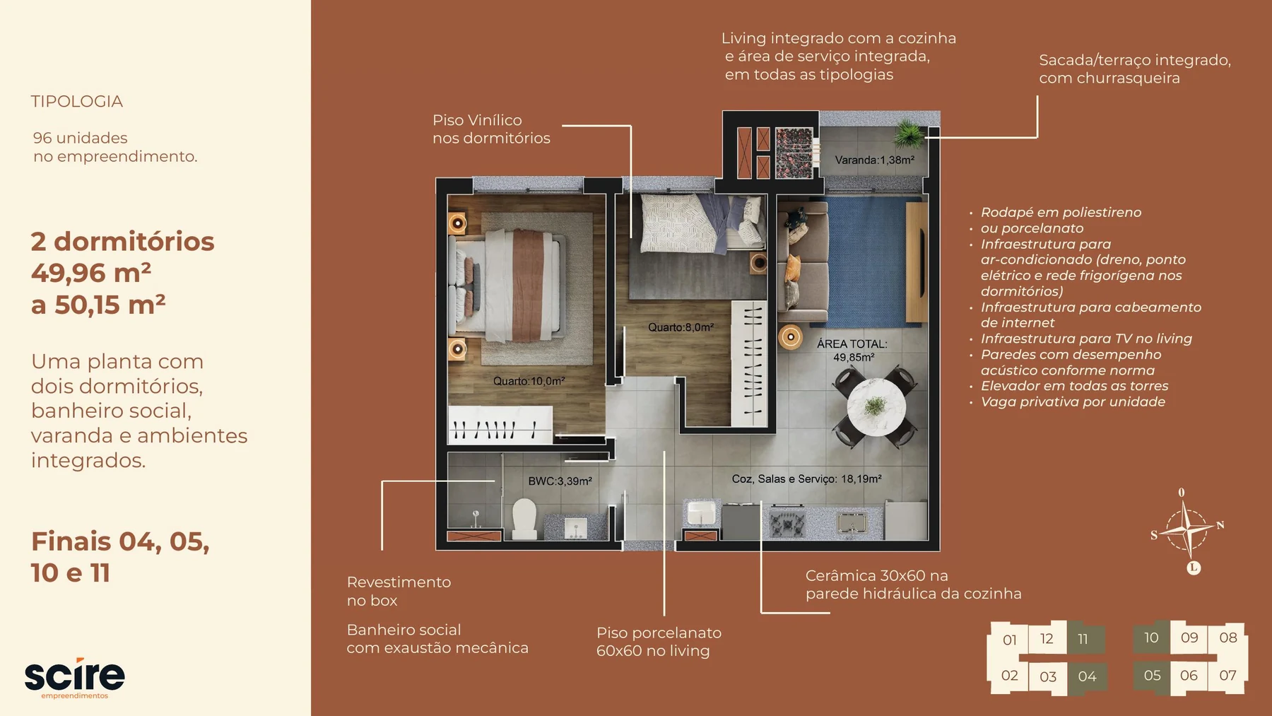 Planta de 2 dormitórios entre 49,96 e 50,15 m²